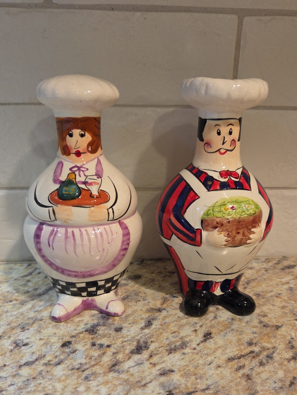 Whimsical Chef Salt and Pepper Shakers - White with Purple & Red Accents
